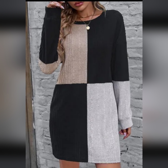 🌷LAST TWO!!  Black Ribbed Color Block Drop Shoulder Long Sleeve Mini Dress - Picture 6 of 8